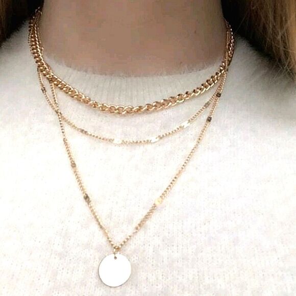 💖 2/$30 Boho disc dainty layered gold tone chain link chunky charm necklace - Picture 4 of 13